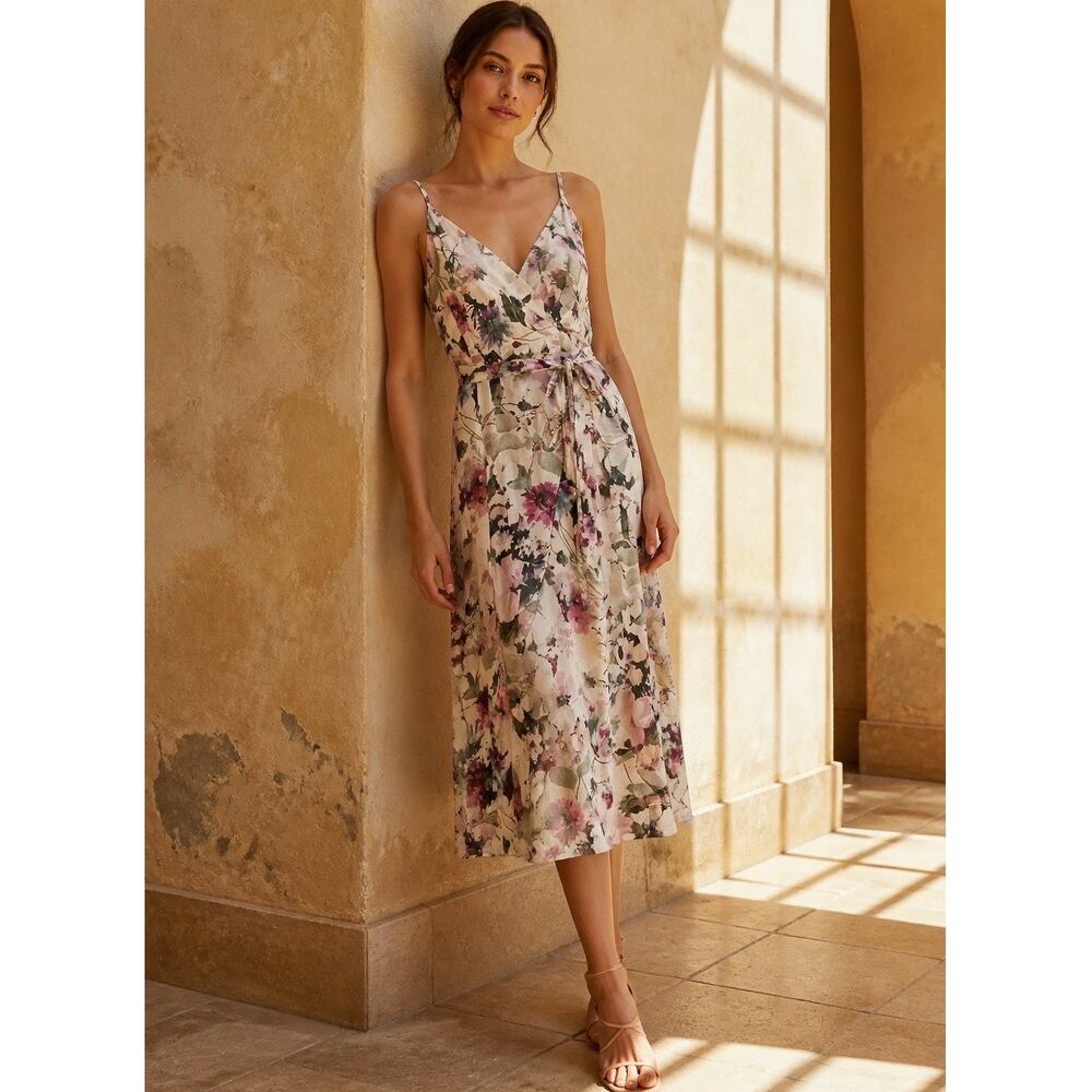 Amour Vert 100% Silk Floral Midi True Wrap Dress Womens XS Party Cocktail Garden